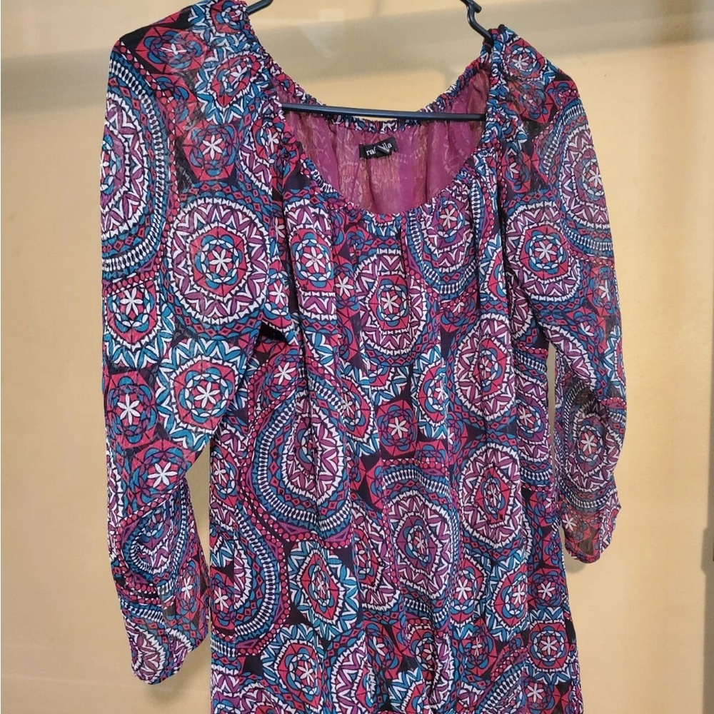 Jones Studio Magenta and Teal Medallion Long Sleeve Dress